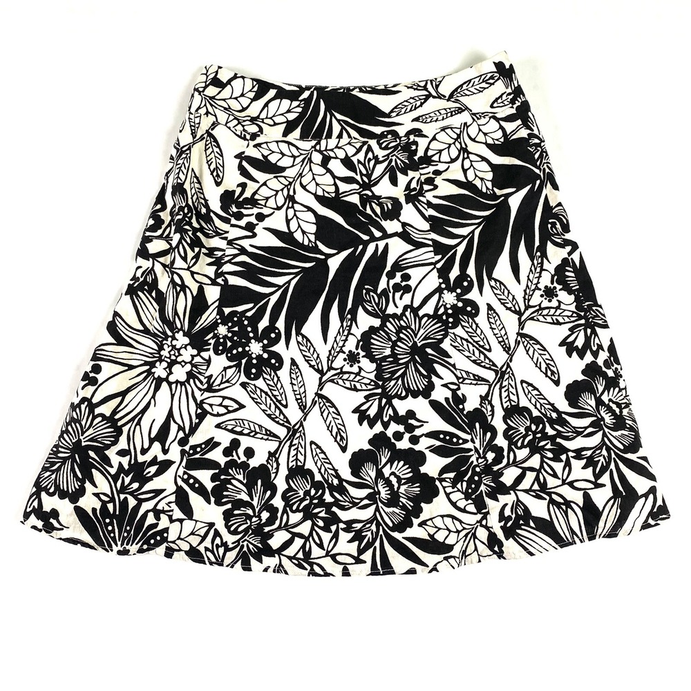 Gap Skirt Print Black White Floral‎ Linen Cotton Blend